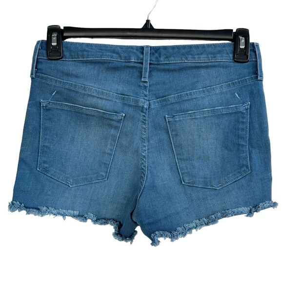 Mossimo SZ 8 Jean Shorts Button-Fly Frayed Hems Distressed Hi-Rise Stretch Blue - Picture 2 of 5